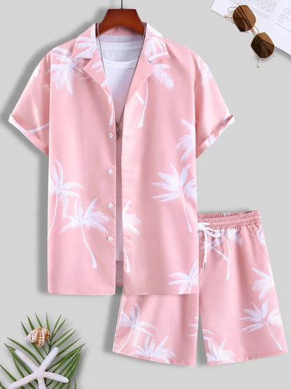 Men's Full Size Palm Print Button Up Shirt and Shorts Set Plus Size Pink Easy Apparels