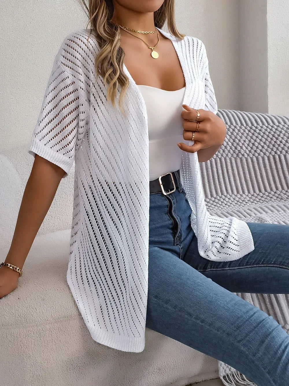 Openwork Open Front Half Sleeve Cardigan Easy Apparels