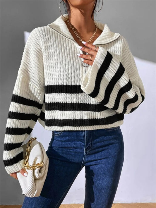 Trendsi Striped Half Zip Cropped Sweater White