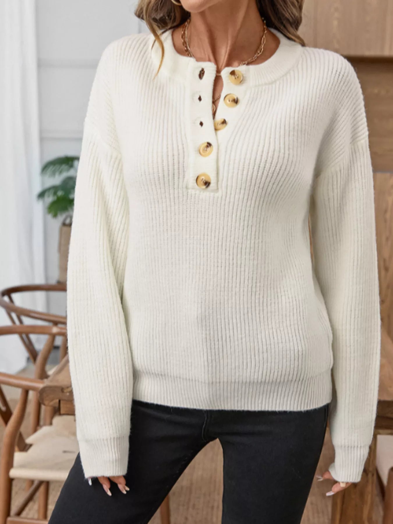 Button Detail Long Sleeve Sweater Easy Apparels