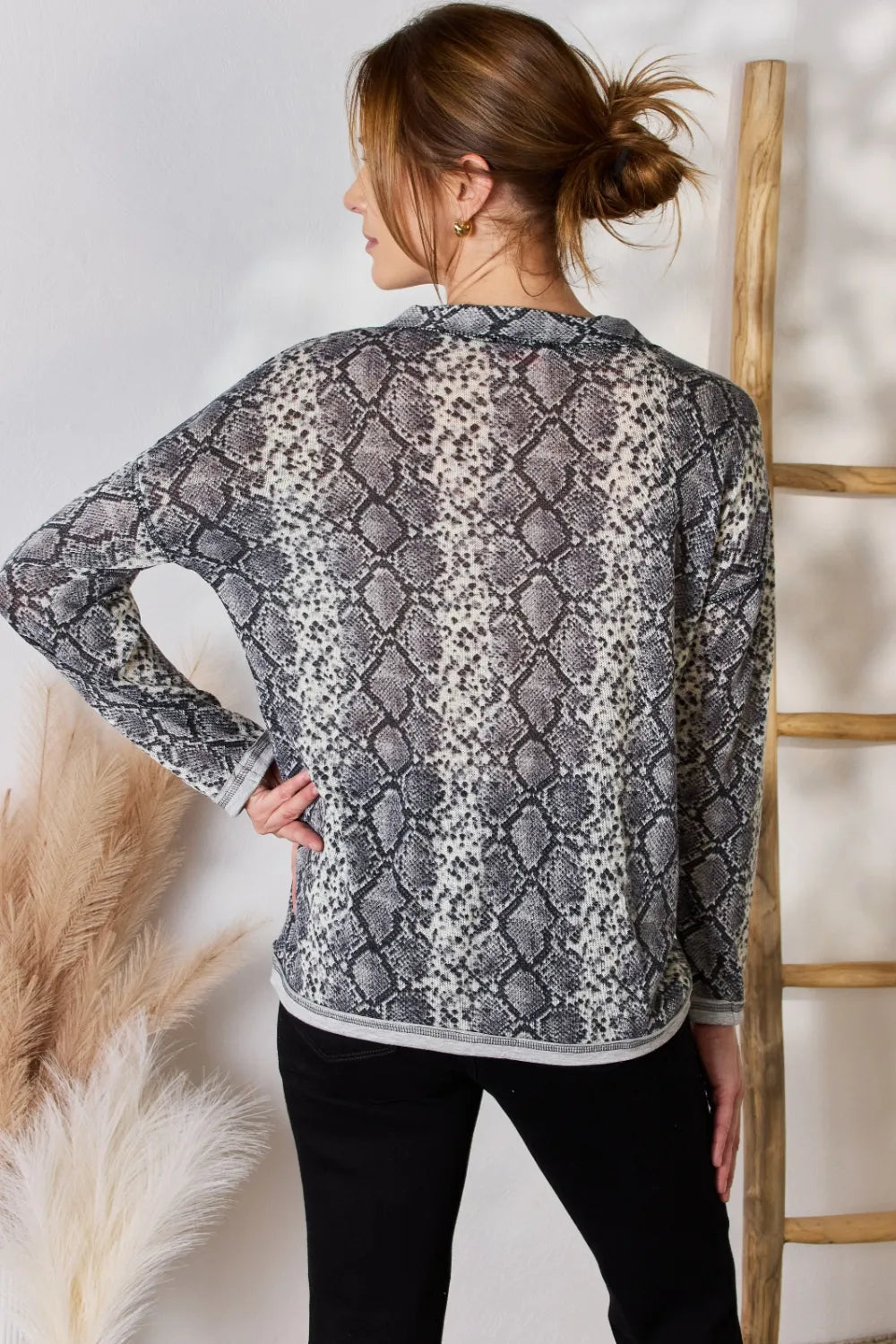 Trendsi Hailey & Co Full Size Snakeskin V-Neck Long Sleeve Top