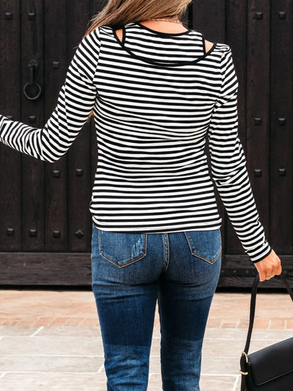 Trendsi Stripe Double-layer Cold Shoulder Long Sleeve Top