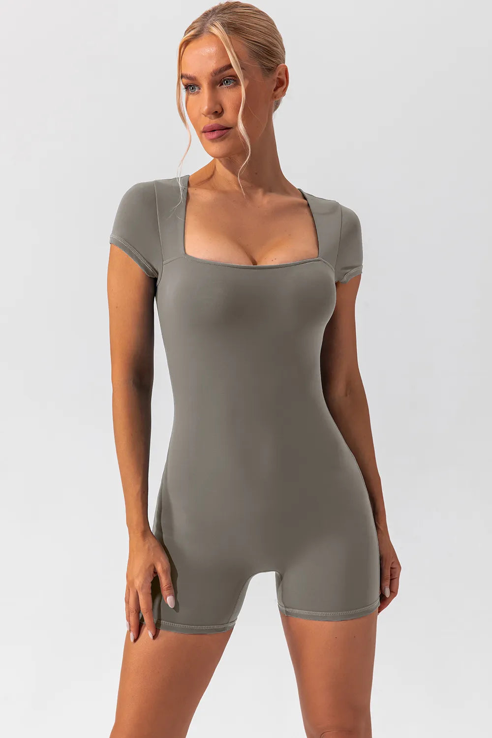Square Neck Cap Sleeve Active Romper Gray Easy Apparels