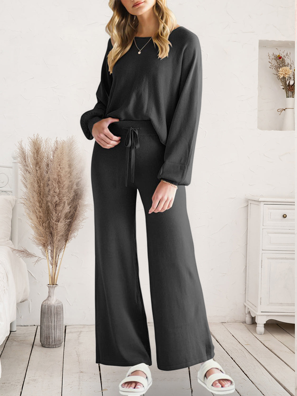 Long Sleeve Lounge Top and Drawstring Pants Set Black Easy Apparels