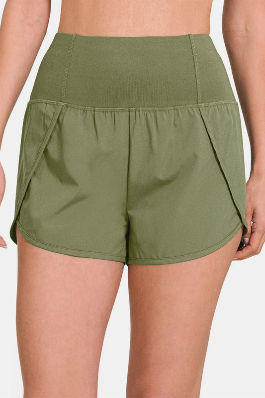 Zenana High-Waisted Zippered Back Pocket Active Shorts Lt Olive Easy Apparels