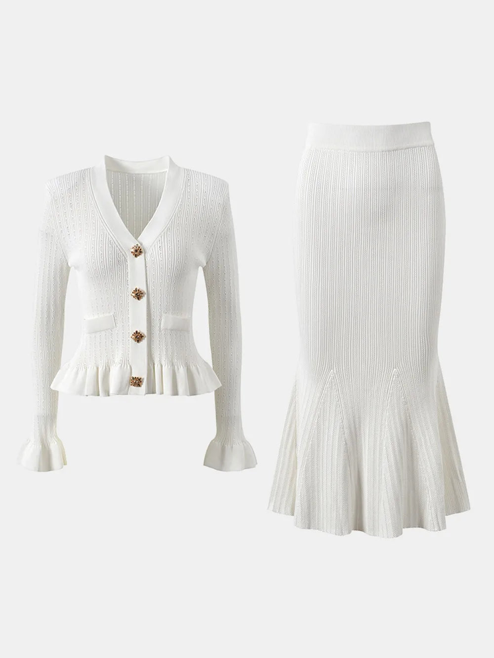 Ruffled V-Neck Top and Midi Skirt Sweater Set Easy Apparels