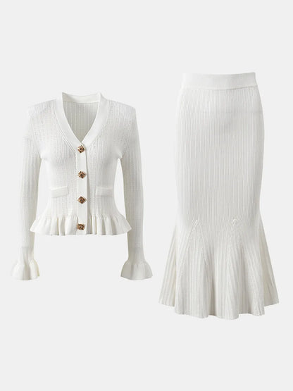 Ruffled V-Neck Top and Midi Skirt Sweater Set Easy Apparels