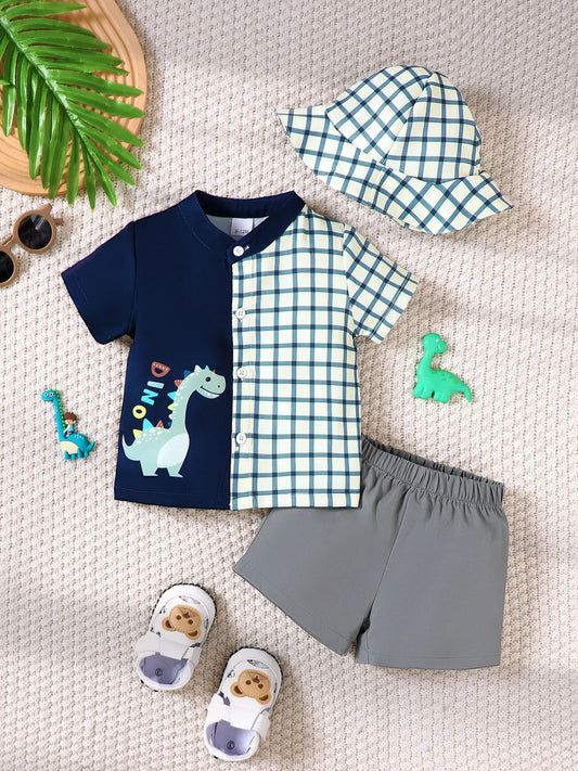 Children's Hat Dinosaur Plaid Button Up Top and Shorts 3-Piece Set Dark Navy Easy Apparels