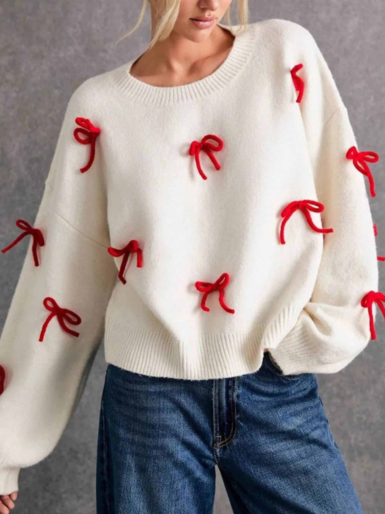 Trendsi Bow Contrast Round Neck Long Sleeve Sweater