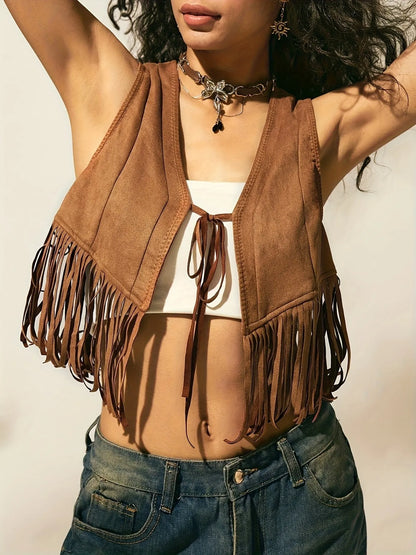 Fringe Vest Coat with Tie Front Easy Apparels