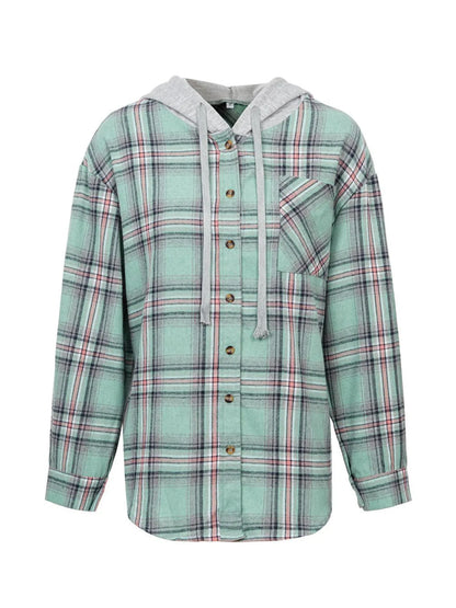 Trendsi Plaid Button-Up Hooded Shirt Green