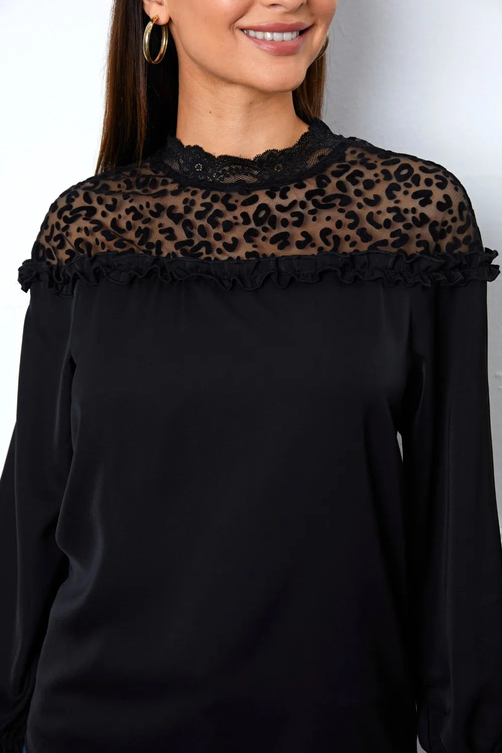 Trendsi Leopard Frill Flounce Sleeve Blouse