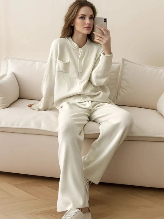 Pocketed Round Neck Button Up Cardigan and Pants Sweater Set White One Size Easy Apparels