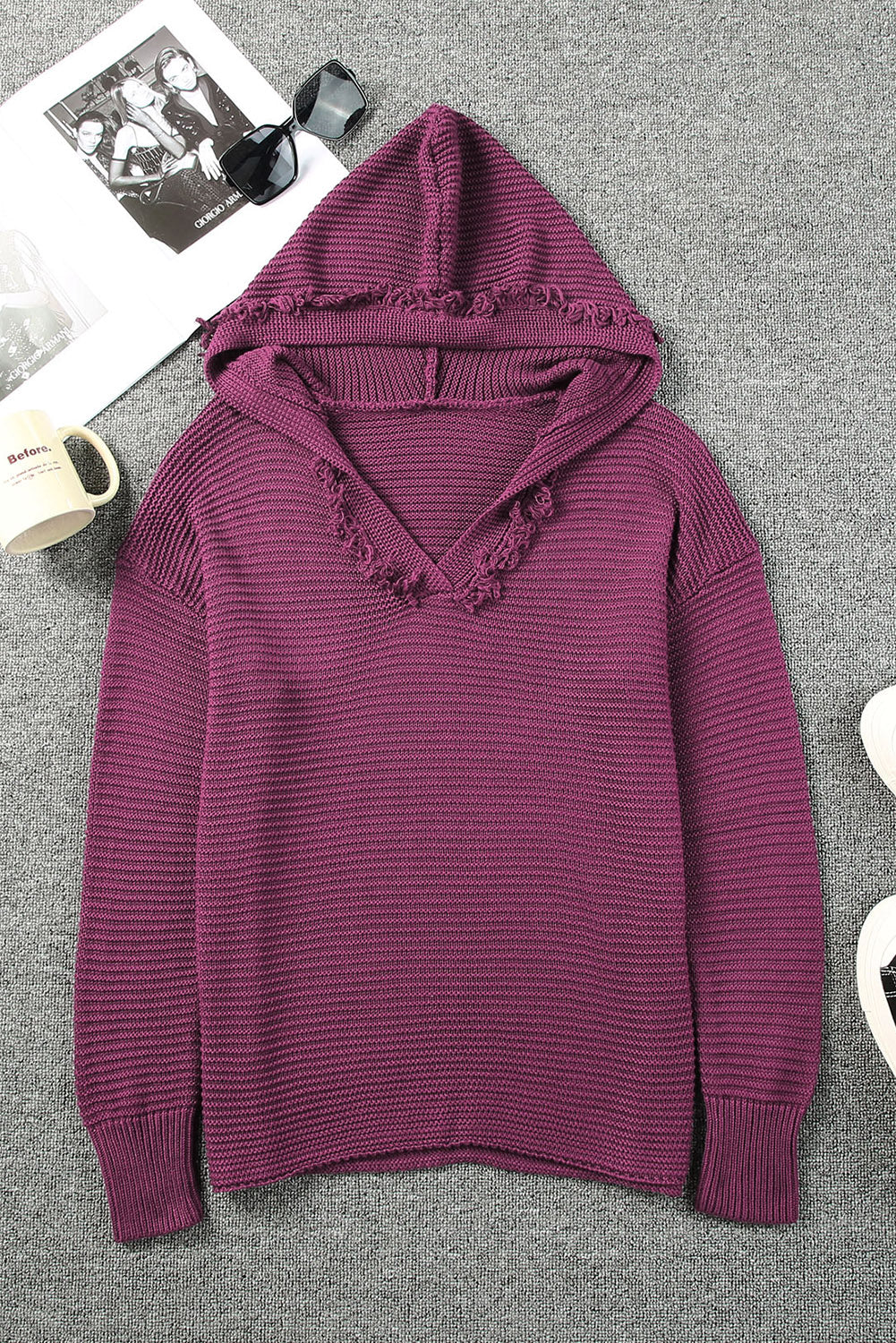 Woven Right Horizontal Ribbing Fringe Trim Hooded Sweater Easy Apparels