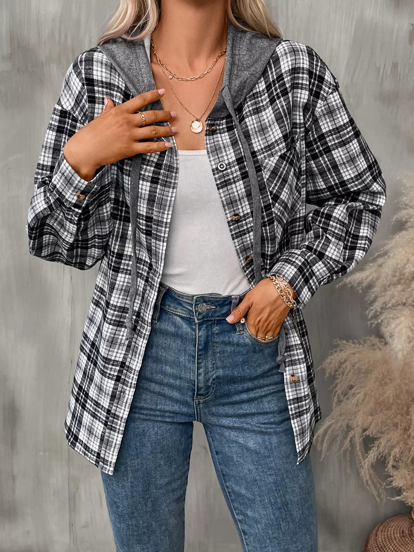 Trendsi Plaid Button-Up Hooded Shirt