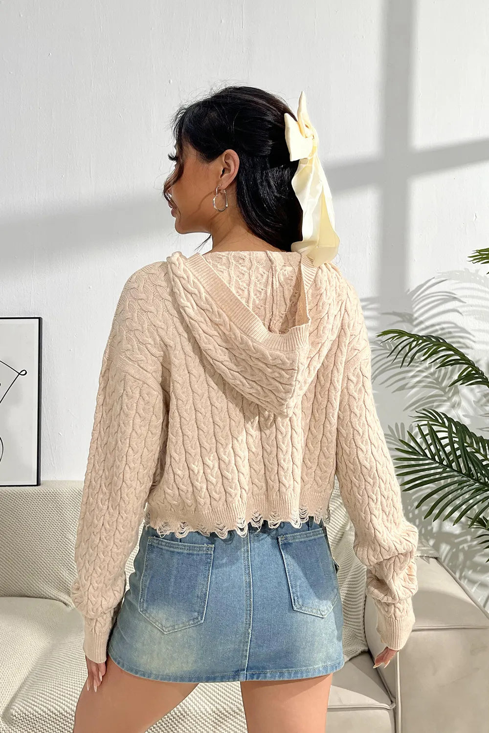 Cable-Knit Dropped Shoulder Hooded Sweater Easy Apparels