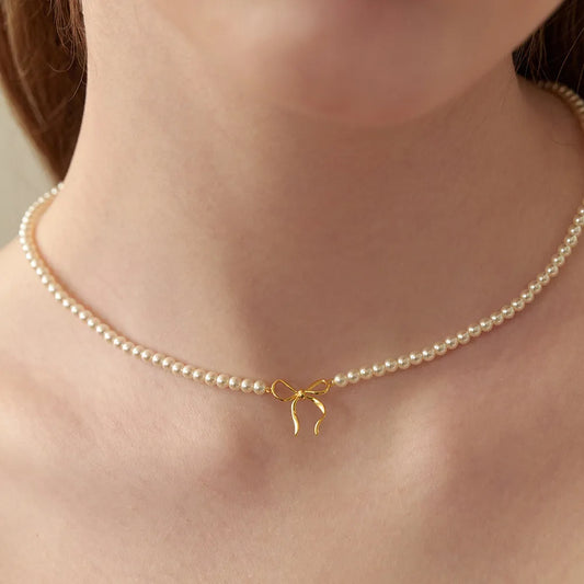 Copper Pearls Bow Necklace Gold One Size Easy Apparels