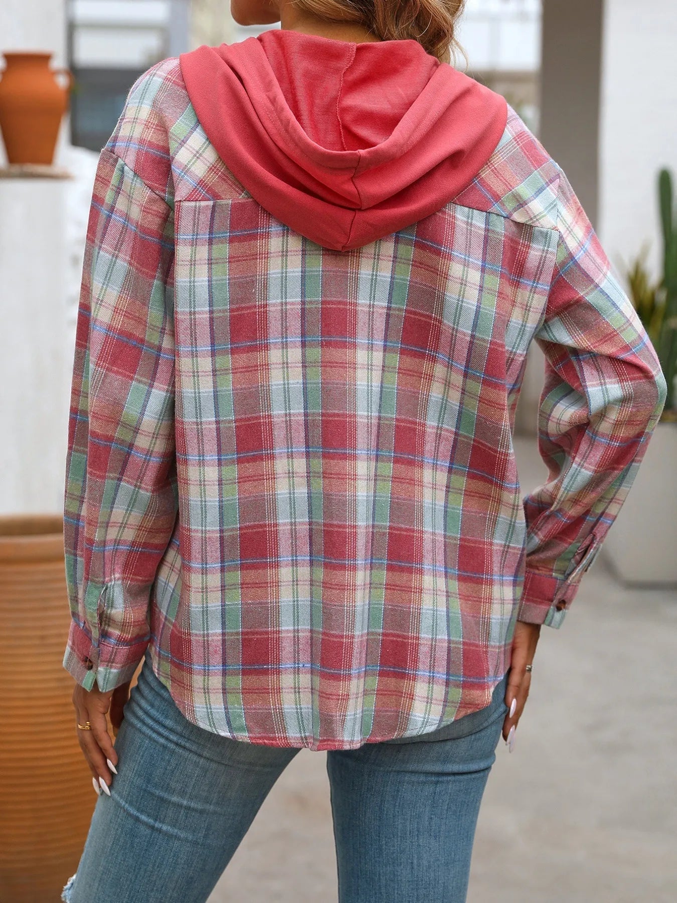 Trendsi Plaid Button-Up Hooded Shirt