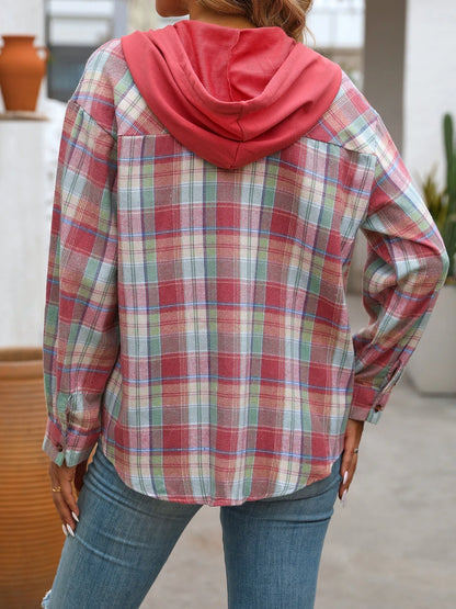 Trendsi Plaid Button-Up Hooded Shirt
