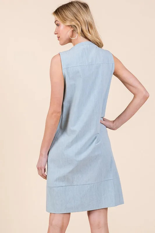 Lime 'N' Chili Denim Pintuck Detail Sleeveless Midi Dress Easy Apparels