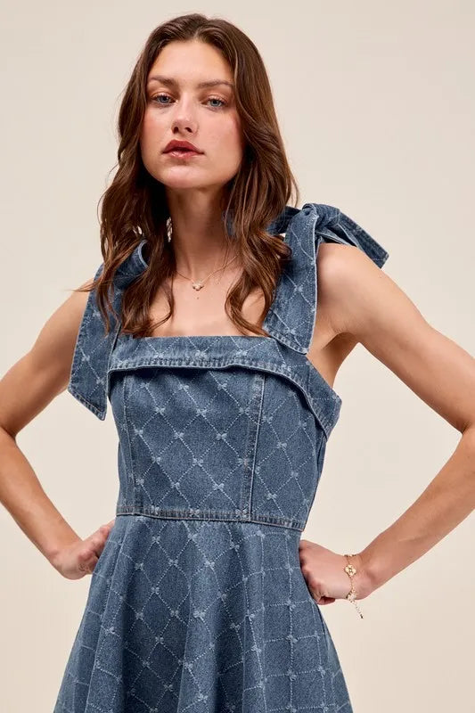 SO ME A Line Fit and Flare Diamond Bow Ribbon Denim Dres Easy Apparels