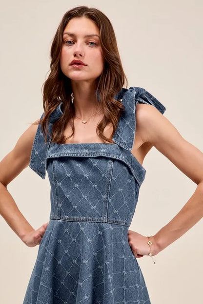 SO ME A Line Fit and Flare Diamond Bow Ribbon Denim Dres Easy Apparels