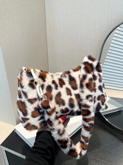 Leopard Fluff Shoulder Bag Ivory One Size Easy Apparels