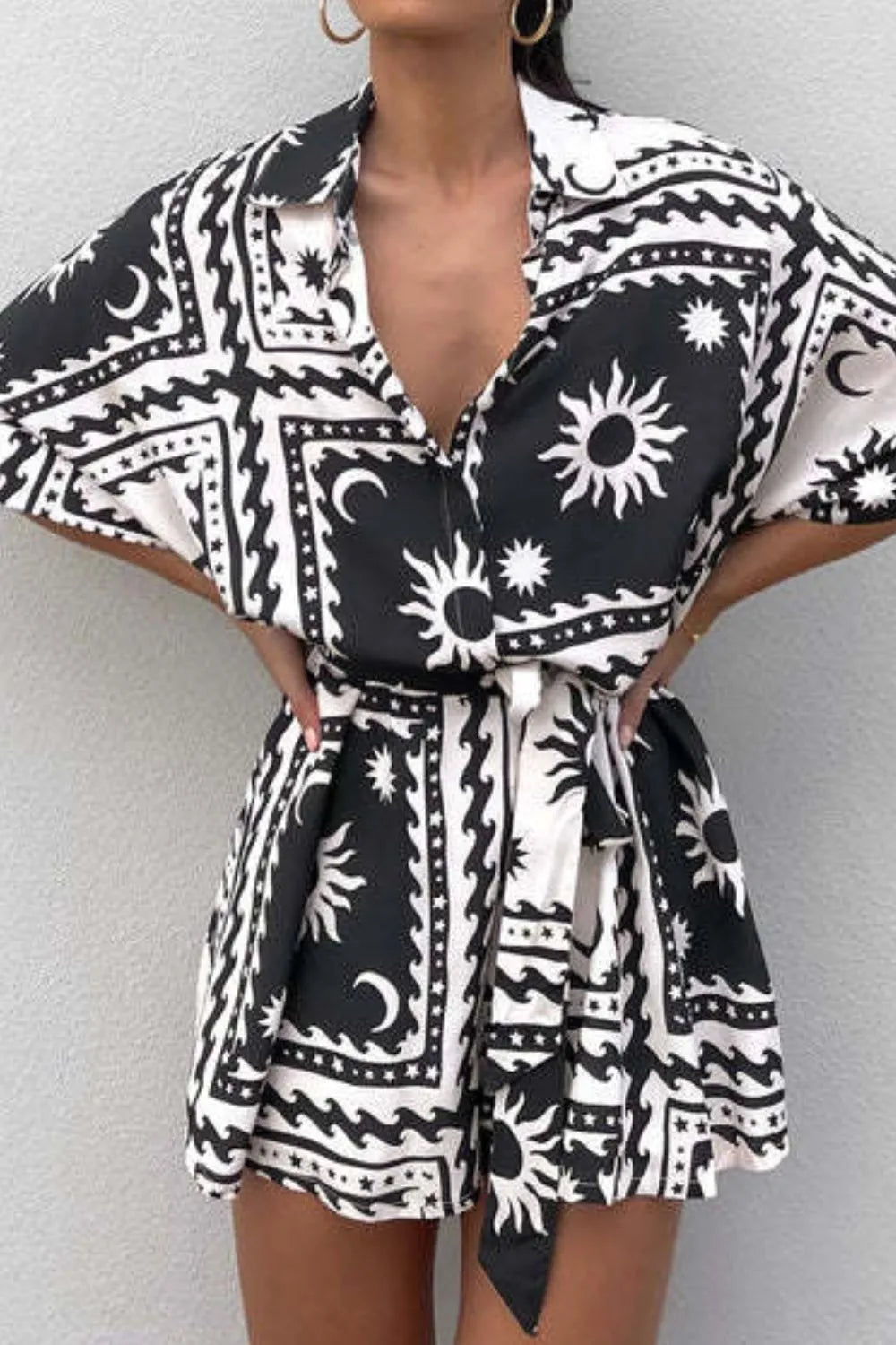 Printed Tie Waist Romper Easy Apparels