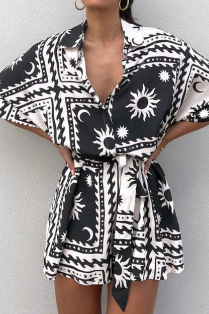 Printed Tie Waist Romper Easy Apparels