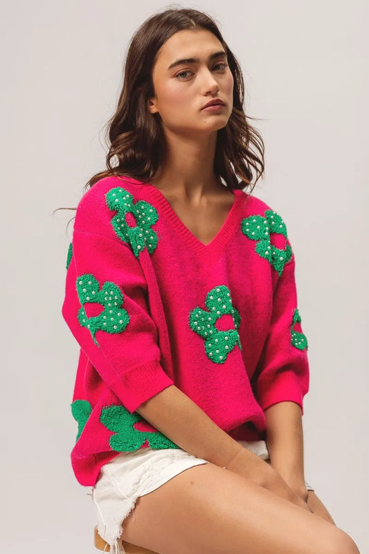 Trendsi BiBi Pearl Beads Flowers Sweater Top FUCHSIA JADE