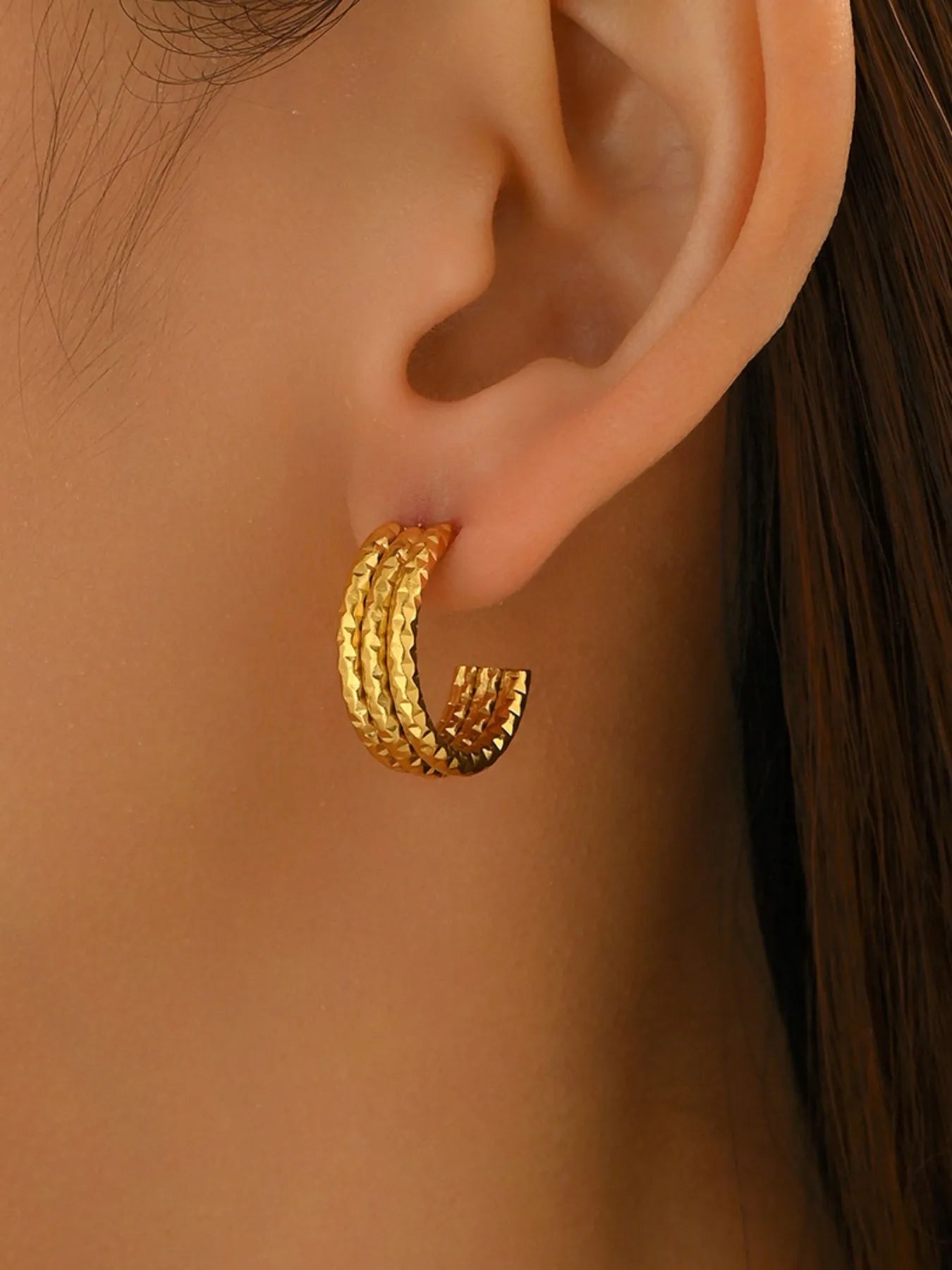 18K Gold-Plated Textured Triple Band Hoop Earrings Easy Apparels