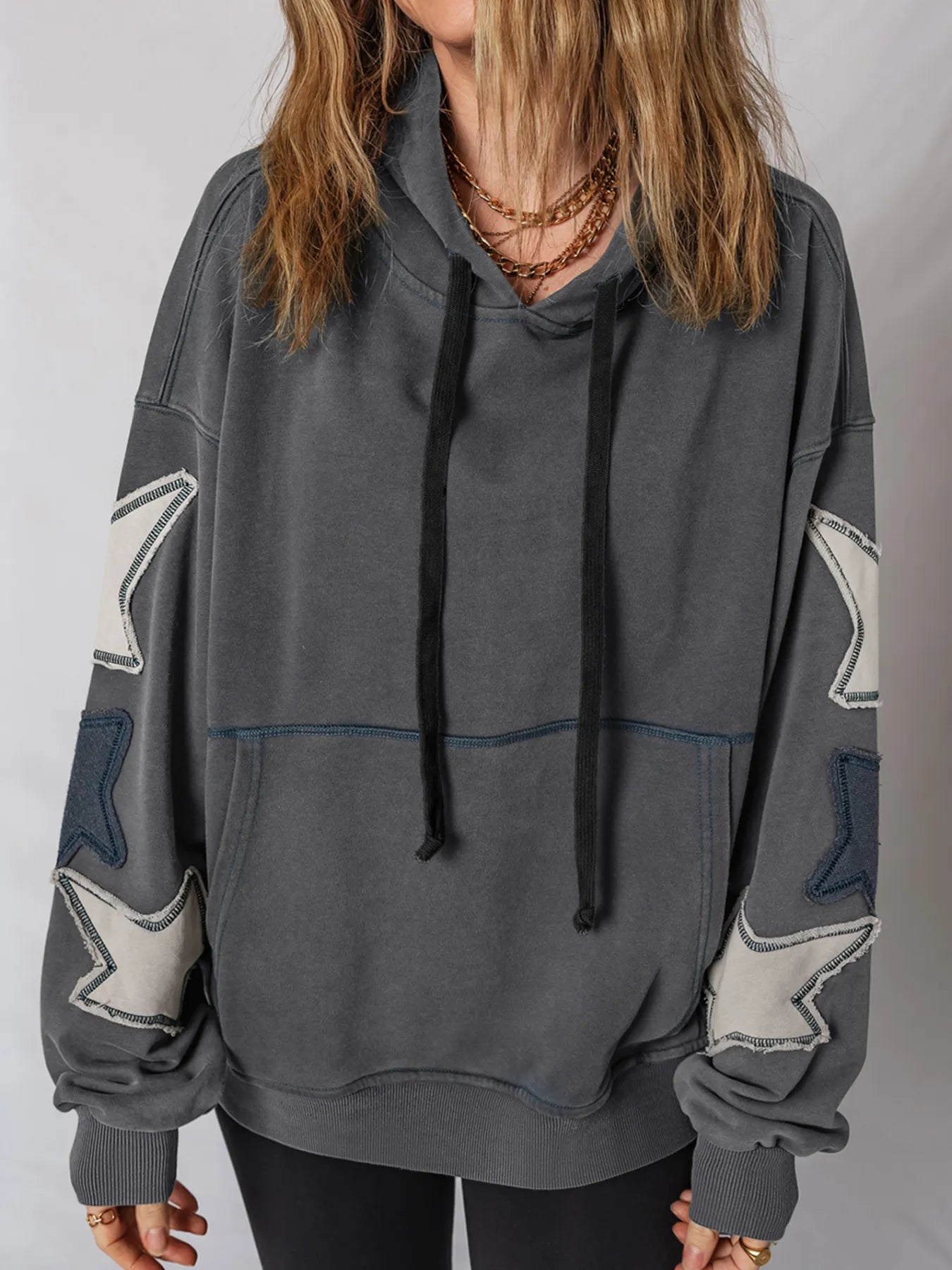 Trendsi Star Patchwork Contrast Stitching Mineral Wash Kangaroo Pocket Hoodie Dark Gray