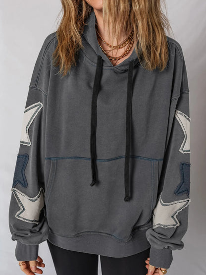 Trendsi Star Patchwork Contrast Stitching Mineral Wash Kangaroo Pocket Hoodie Dark Gray