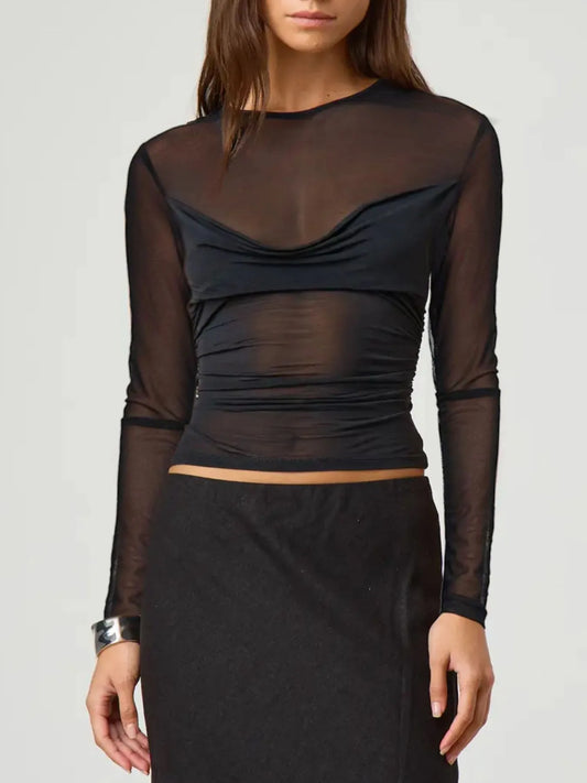 Trendsi Ruched Mesh Long Sleeve Top Black