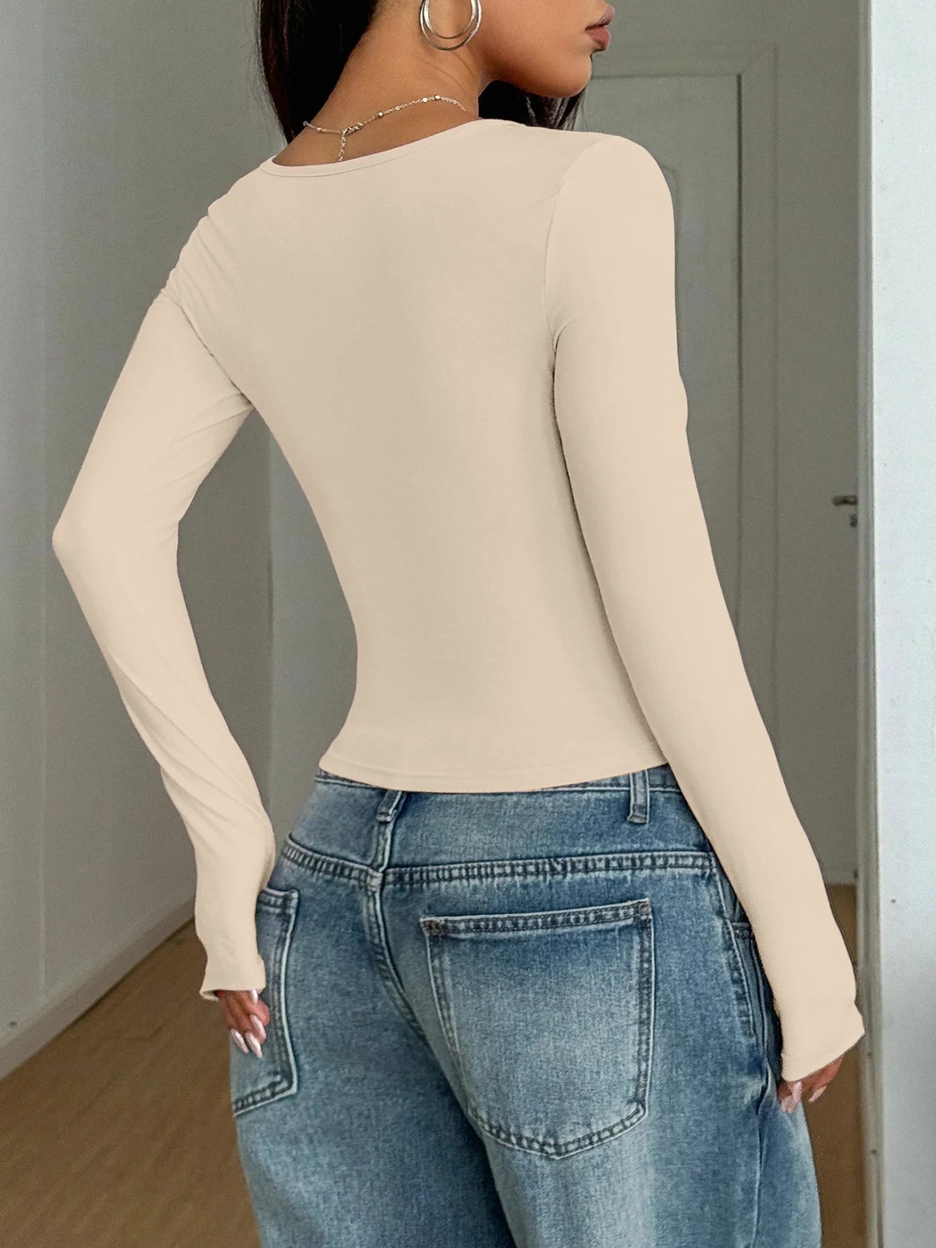 Trendsi Square Neck Long Sleeve Fitted T-Shirt