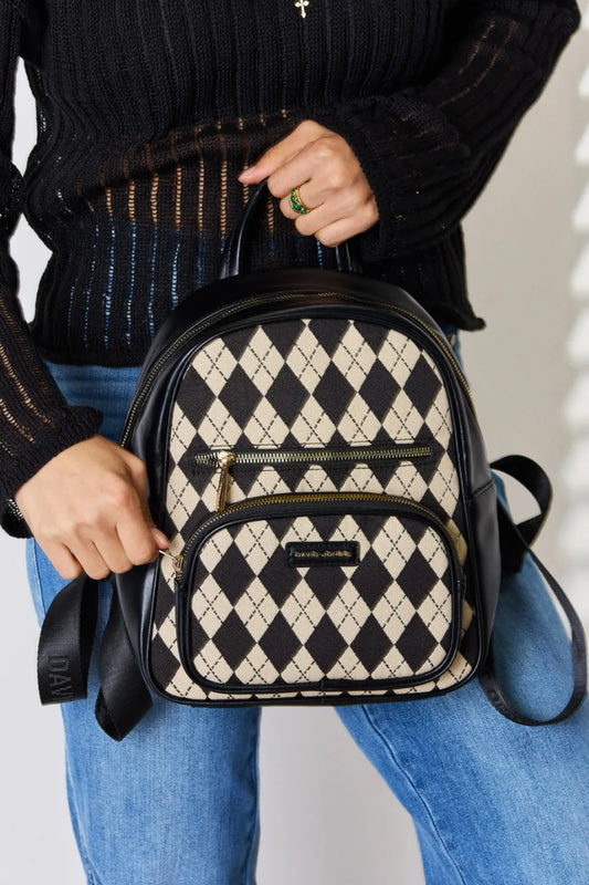 David Jones Argyle Pattern PU Leather Backpack Black One Size Easy Apparels