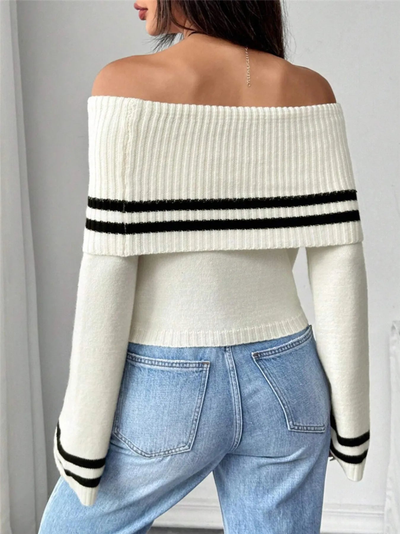 Trendsi Ribbed Off-Shoulder Striped Knit Top
