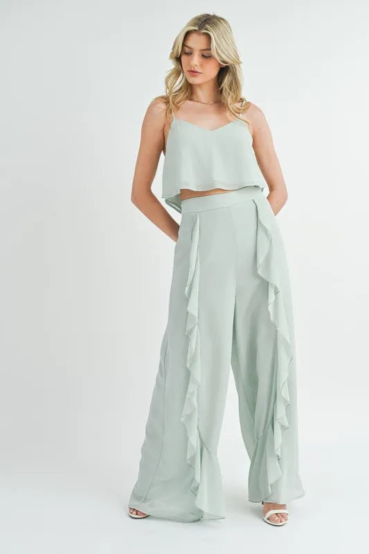 MABLE Crop Cami and Ruffled Wide Leg Pants Set Lt Mint Easy Apparels