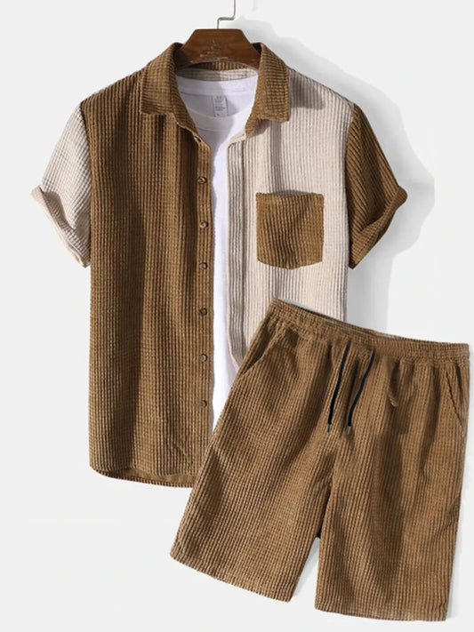 Men's Full Size Color Block Button Up Shirt and Shorts Set Plus Size Brown Easy Apparels