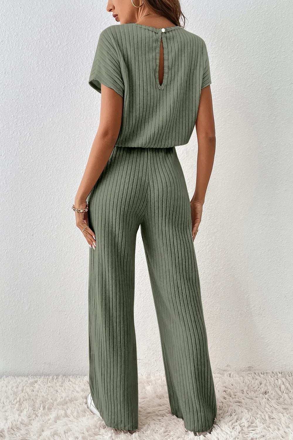 Ribbed Short Sleeve Wide Leg Jumpsuit Easy Apparels