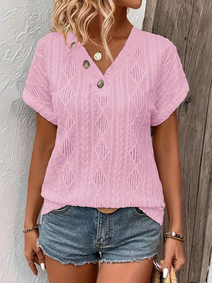 Trendsi Textured V-Neck Short Sleeve Top Pink