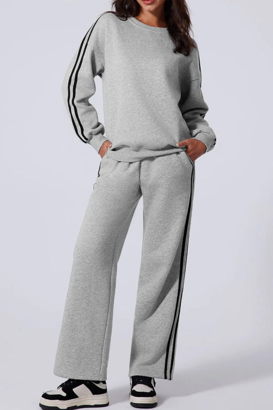 Side Striped Round Neck Top and Pants Active Set Light Gray Easy Apparels