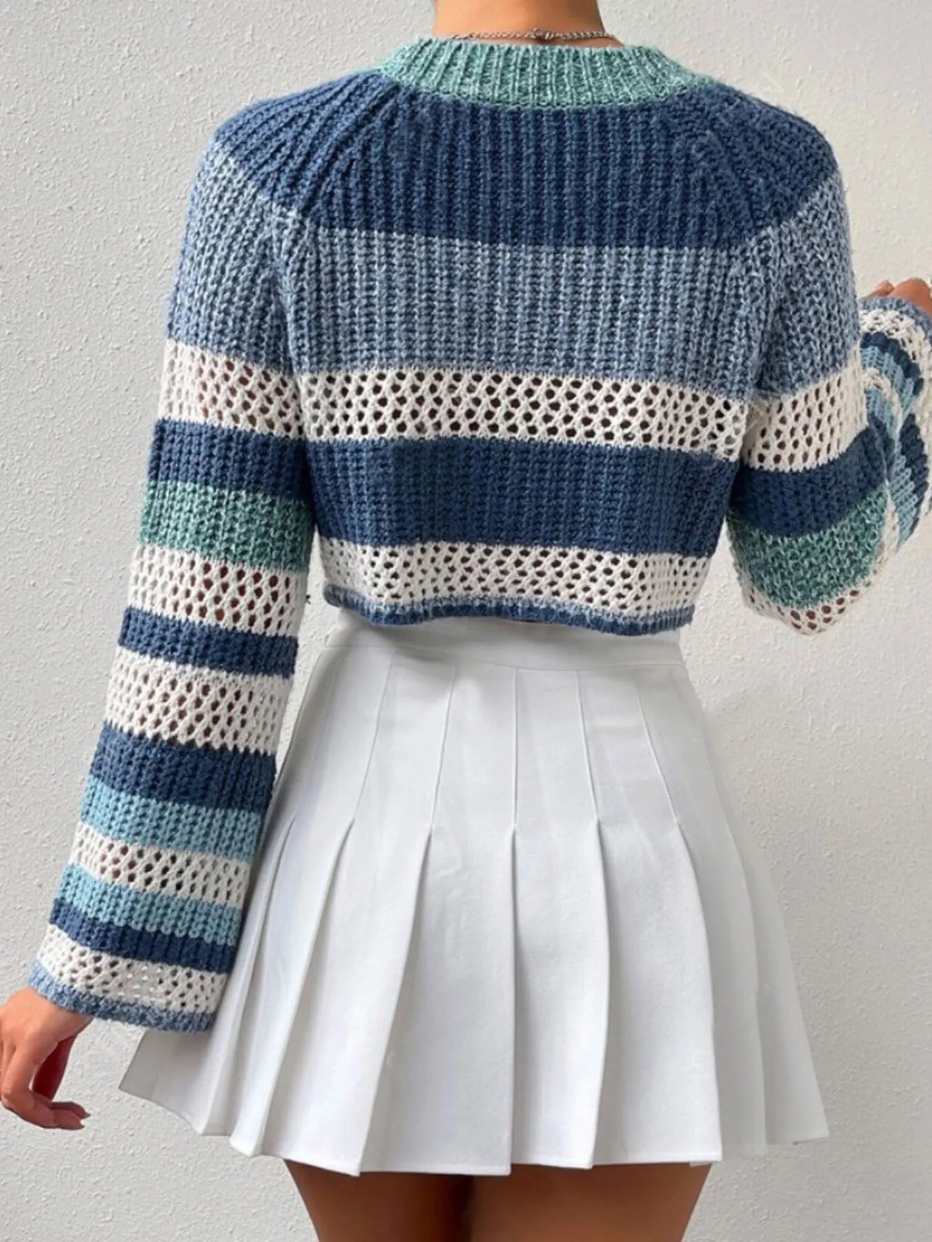 Trendsi Openwork Striped Color Block Crop Sweater