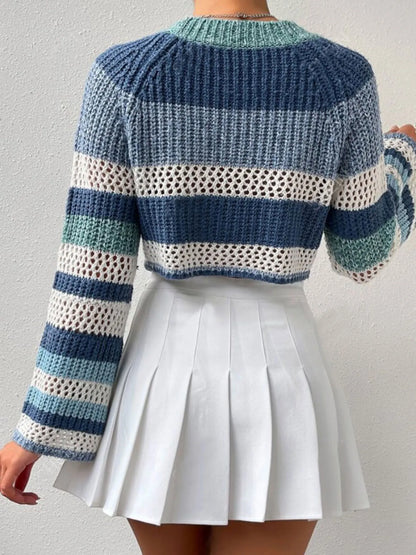 Trendsi Openwork Striped Color Block Crop Sweater