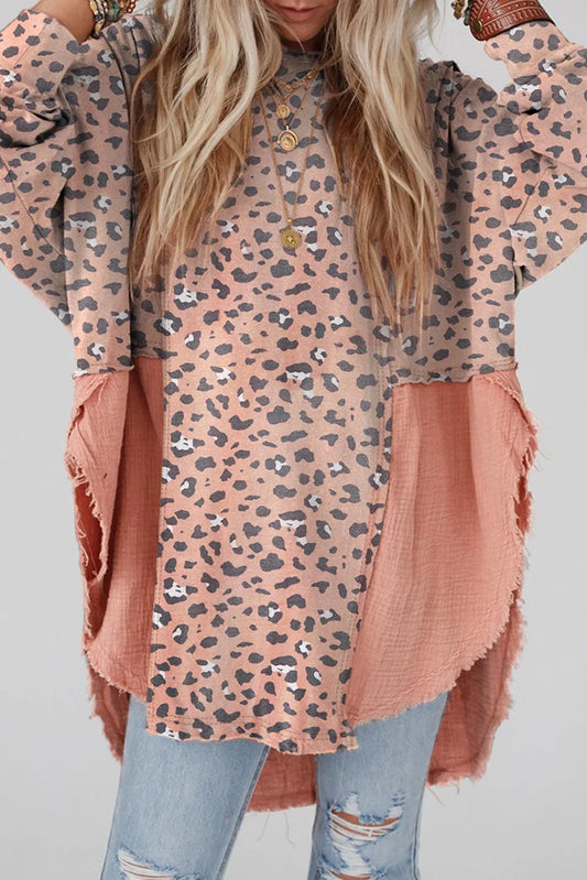 Trendsi Textured Leopard Dropped Shoulder Blouse Blush Pink