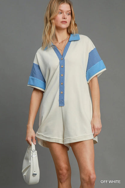 Umgee French Terry Collared Colorblock Romper OFF WHITE Easy Apparels