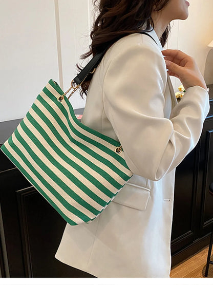 Striped Shoulder Bag with Chain Detail Green One Size Easy Apparels