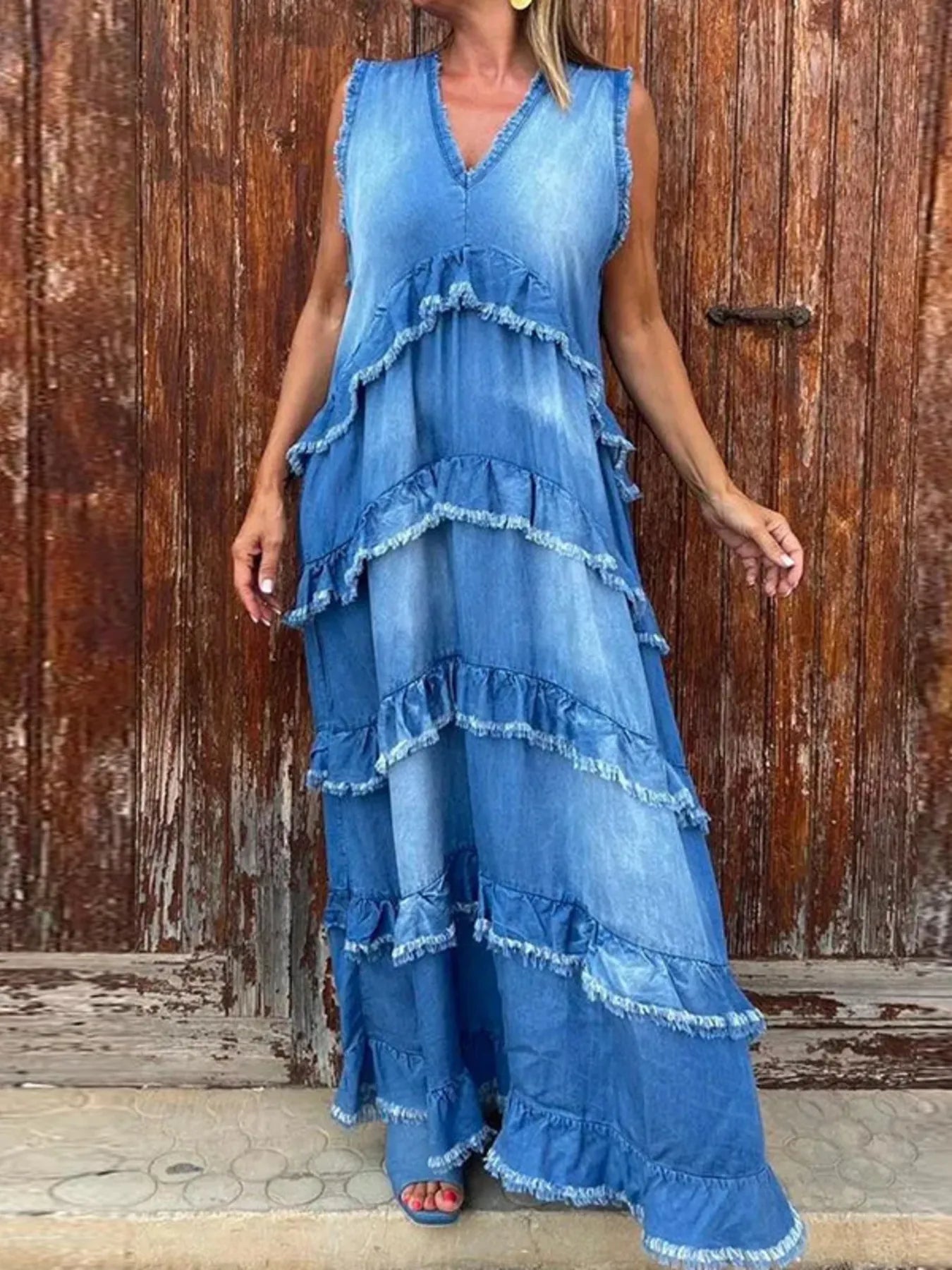Raw Hem Layered Denim Maxi Dress Easy Apparels