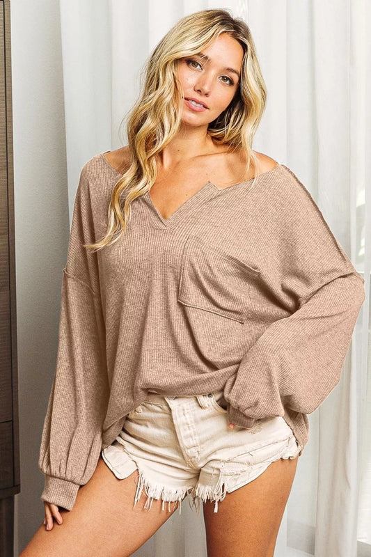 Trendsi BiBi Exposed Seam Long Sleeve Top TAUPE