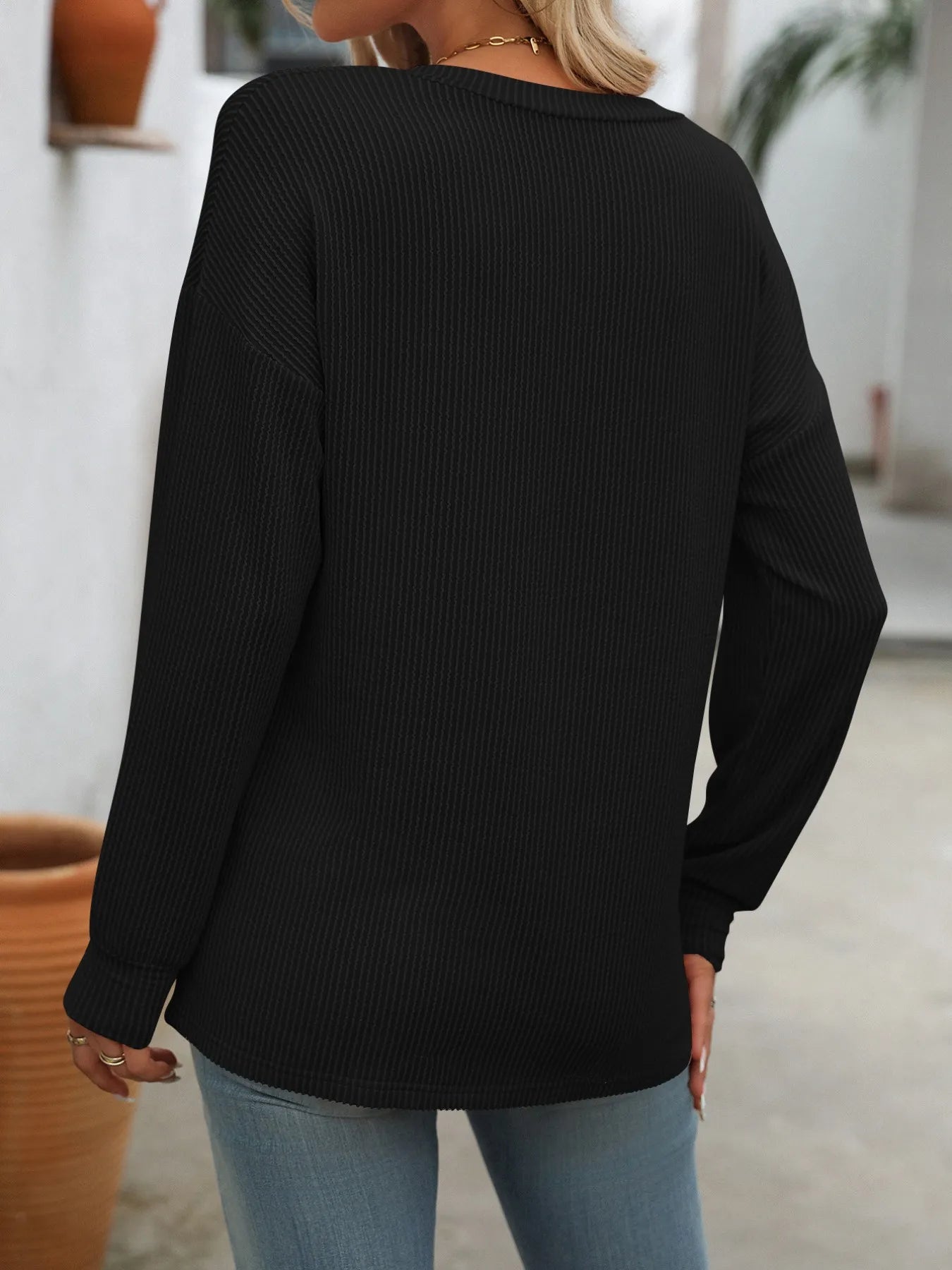 Trendsi Ribbed V-Neck Long Sleeve T-Shirt